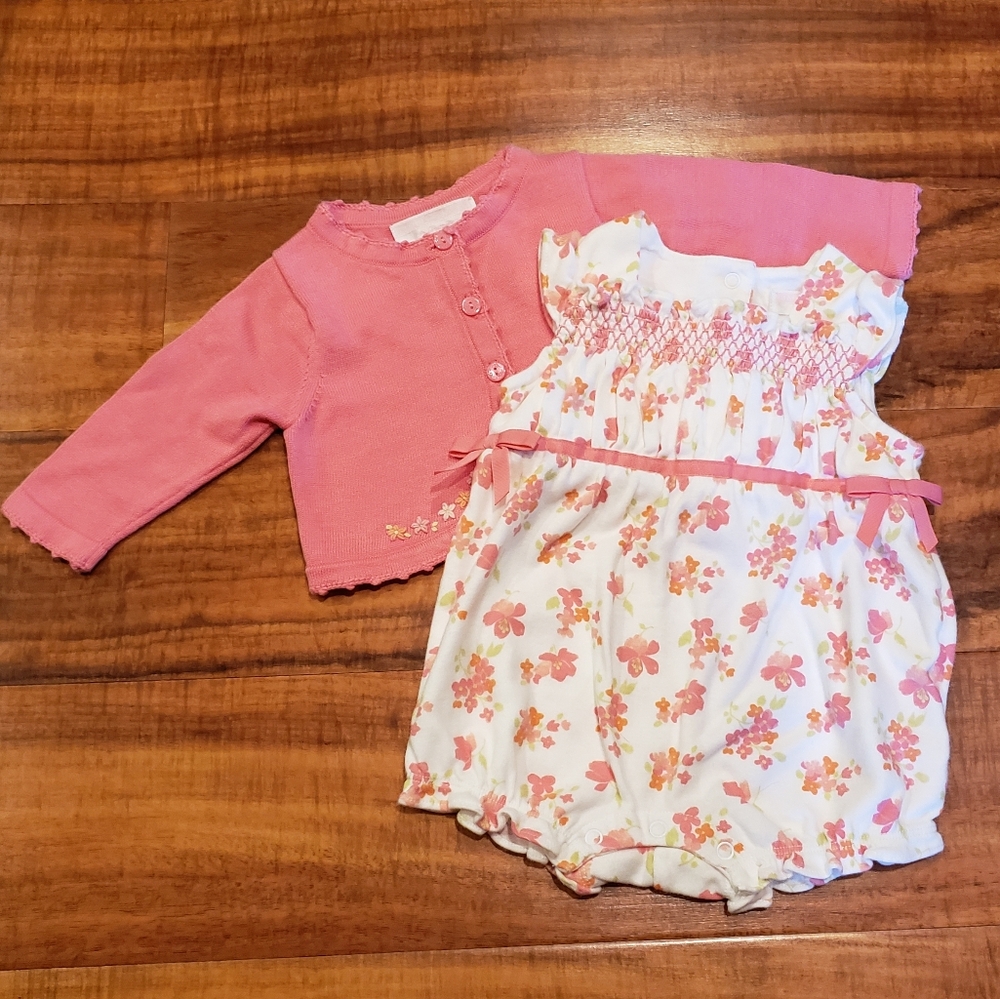 Janie and Jack EUC 0-3 months floral romper and matching embroidered sweater